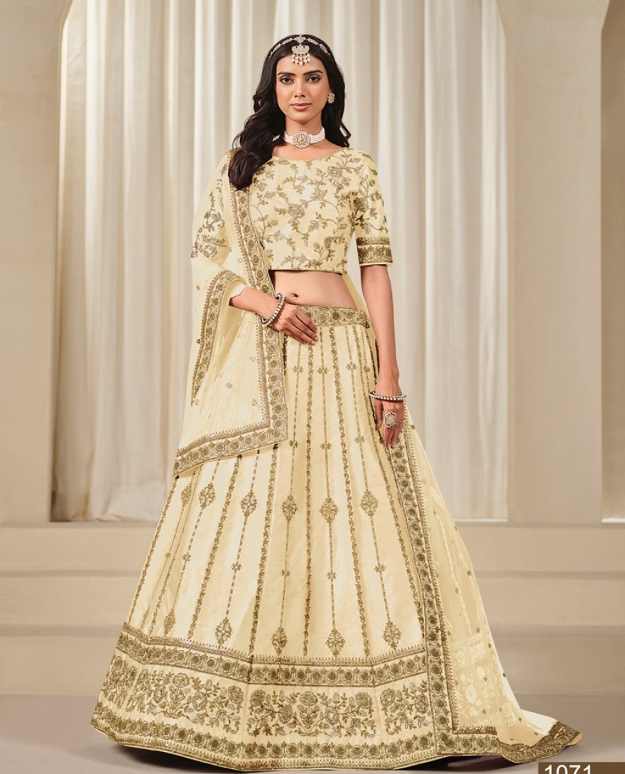 1071-cream - Cream Embroidered Art Silk Lehenga Choli for Wedding